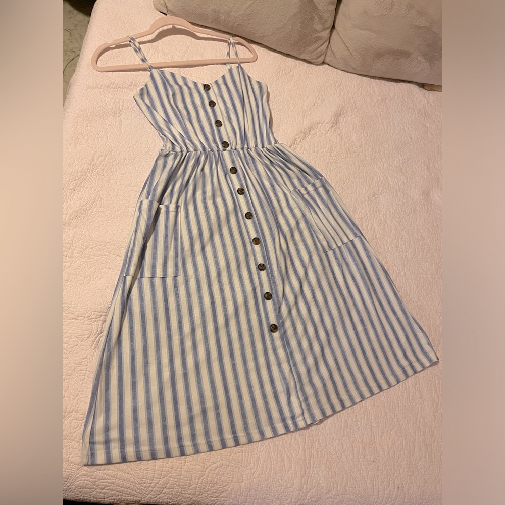 Strappy faux-button-down striped midi sundress with front pockets